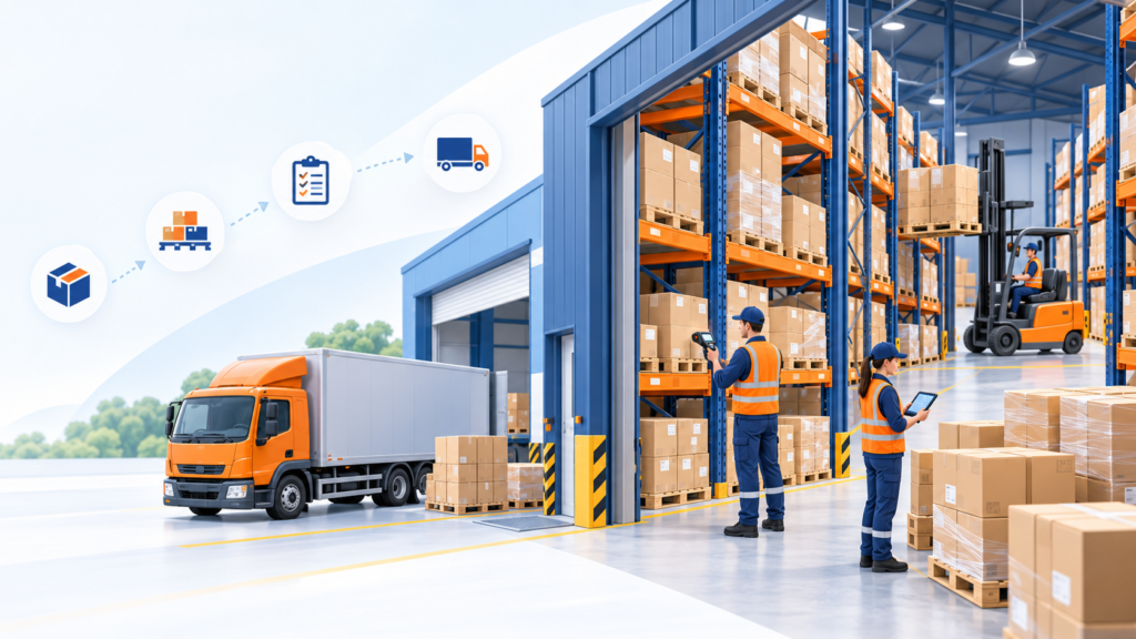 Minh họa quản lý kho hàng với kệ pallet, xe nâng, xe tải và nhân viên kiểm kê
